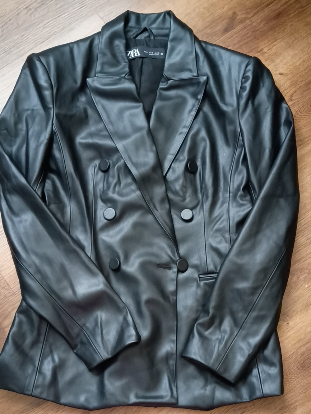 Zara Black Faux Leather Double-Breasted Blazer Jacket